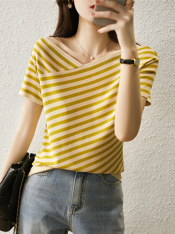 Mode gestreepte gebreide T-shirt V Neck Casual T-shirt voor vrouwen