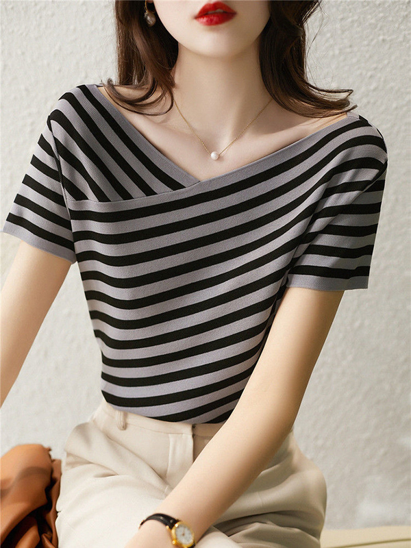 Mode gestreepte gebreide T-shirt V Neck Casual T-shirt voor vrouwen
