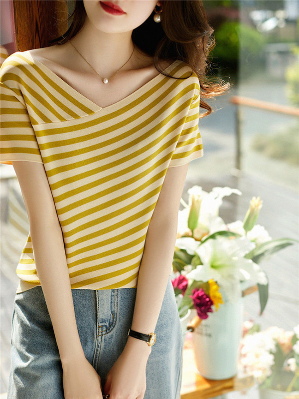 Mode gestreepte gebreide T-shirt V Neck Casual T-shirt voor vrouwen