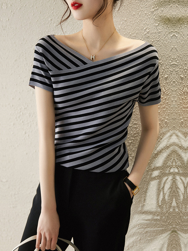 Mode gestreepte gebreide T-shirt V Neck Casual T-shirt voor vrouwen